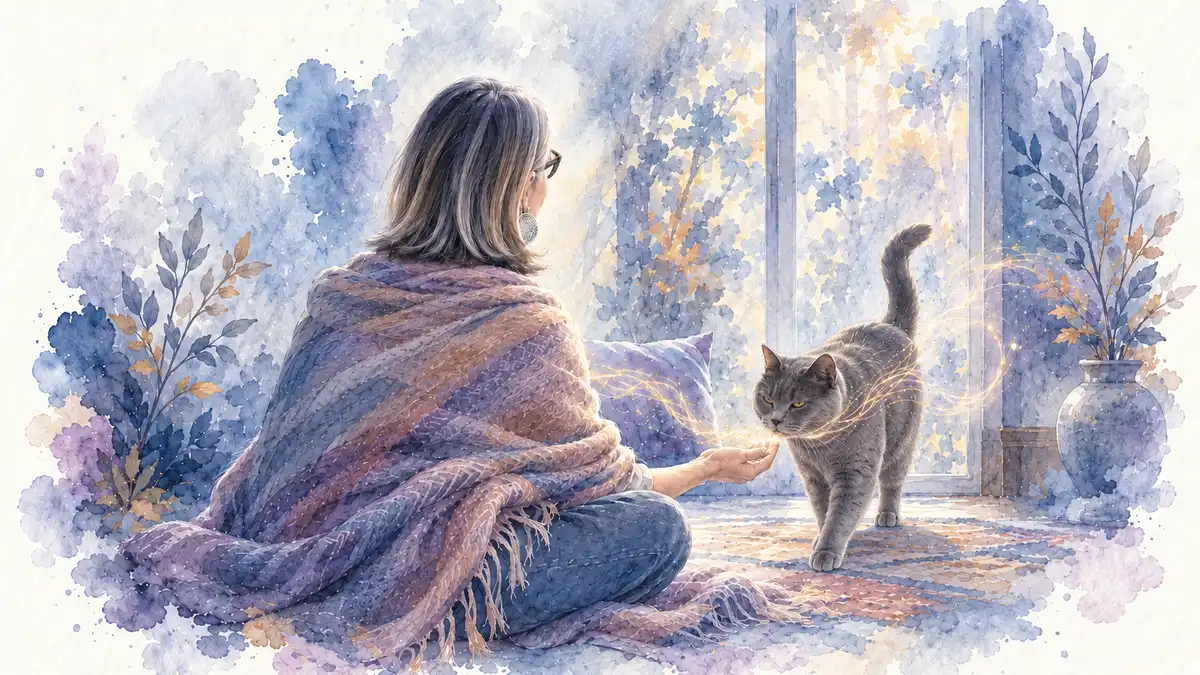 Pourquoi un animal nous choisit : aquarelle d’Iro, le chat gris de Sophie, qui s’avance vers sa main tendue, Sophie assise de dos sur un tapis