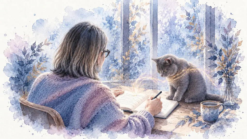 Questions à poser à son animal : aquarelle de Sophie, de dos, qui écrit dans un carnet sous le regard d’Iro, son chat gris, assis sur la table