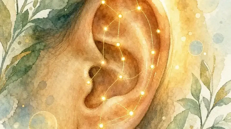 Réflexologie auriculaire : aquarelle d’une oreille en gros plan, des points de lumière dorée posés sur ses zones réflexes