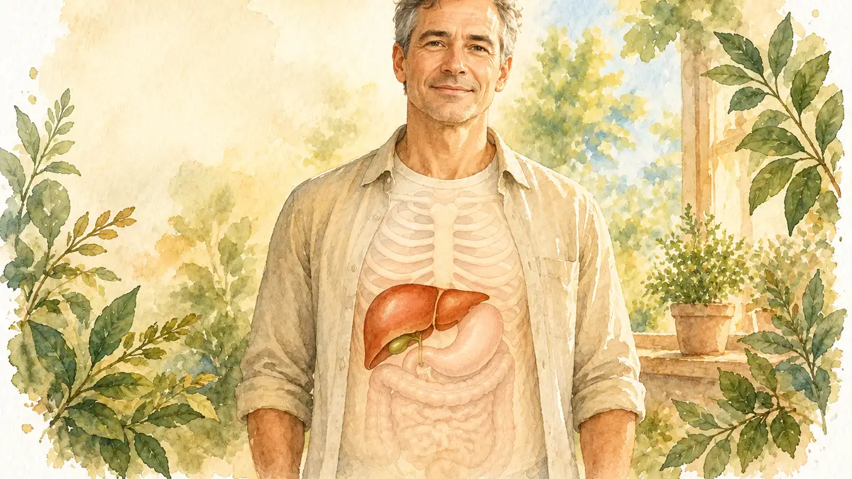 Réflexologie et foie : aquarelle d’un homme debout, le visage serein, son foie et sa vésicule biliaire dessinés en transparence sous les côtes, comme dans un livre d’anatomie