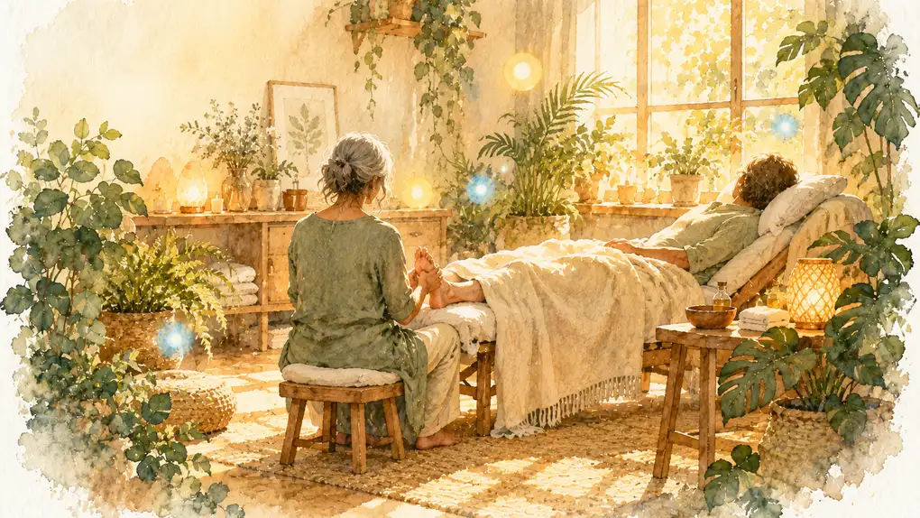 Réflexologie idées reçues : aquarelle d’une praticienne aux cheveux gris, vue de dos, qui tient le pied d’un homme allongé sous une couverture, dans une pièce pleine de plantes