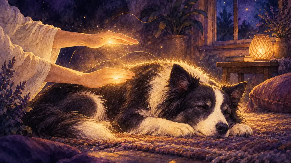 Reiki ou magnétisme : aquarelle de deux mains tendues au-dessus d’un chien noir et blanc endormi sur un tapis, la nuit