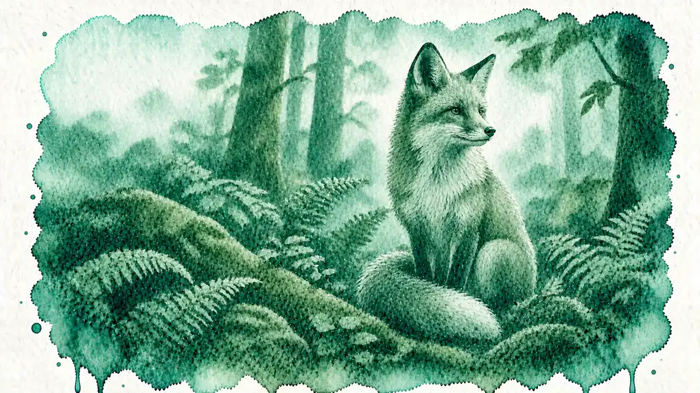 Renard symbolique : aquarelle d’un renard assis au milieu des fougères, attentif, dans un sous-bois
