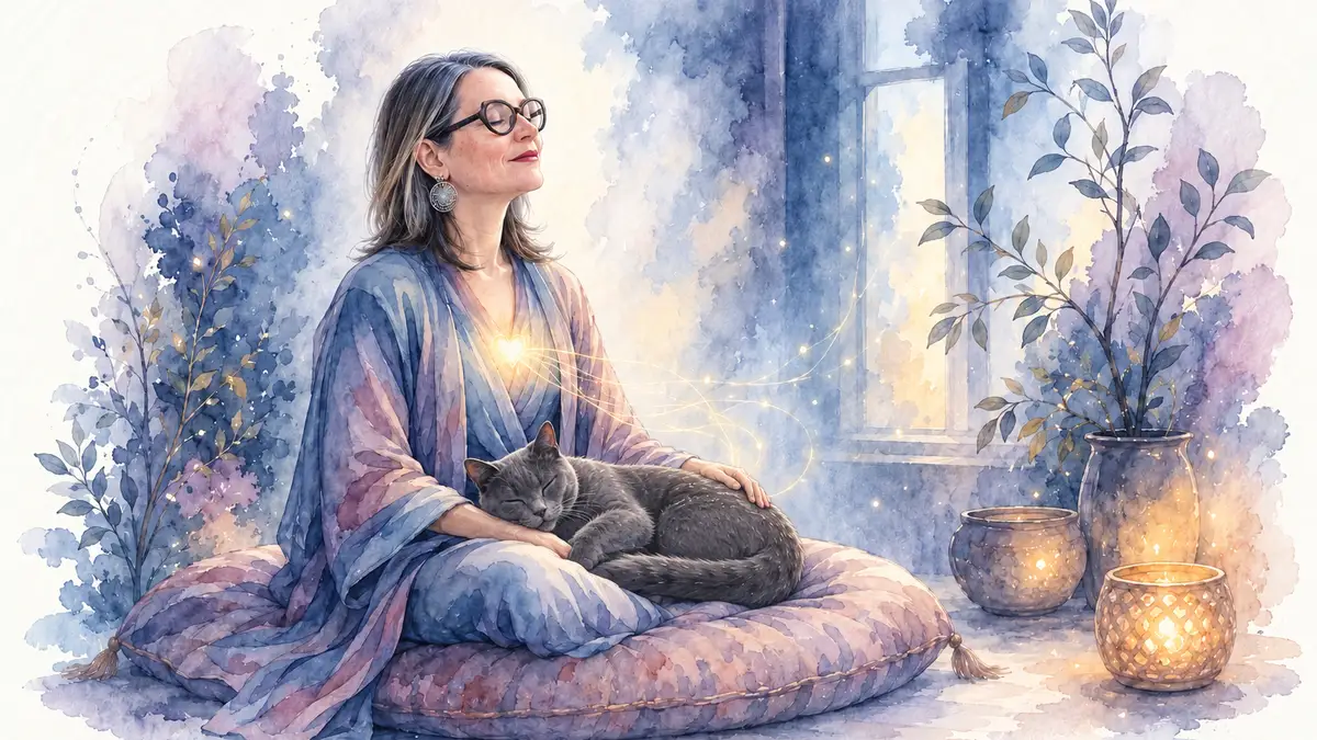 Se connecter à son animal : aquarelle de Sophie qui médite les yeux fermés, assise sur un coussin, Iro, son chat gris, endormi sur ses genoux
