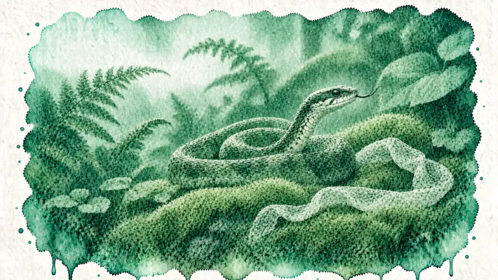 Symbolique du serpent : aquarelle d’un serpent enroulé sur la mousse, près de la peau qu’il vient de quitter