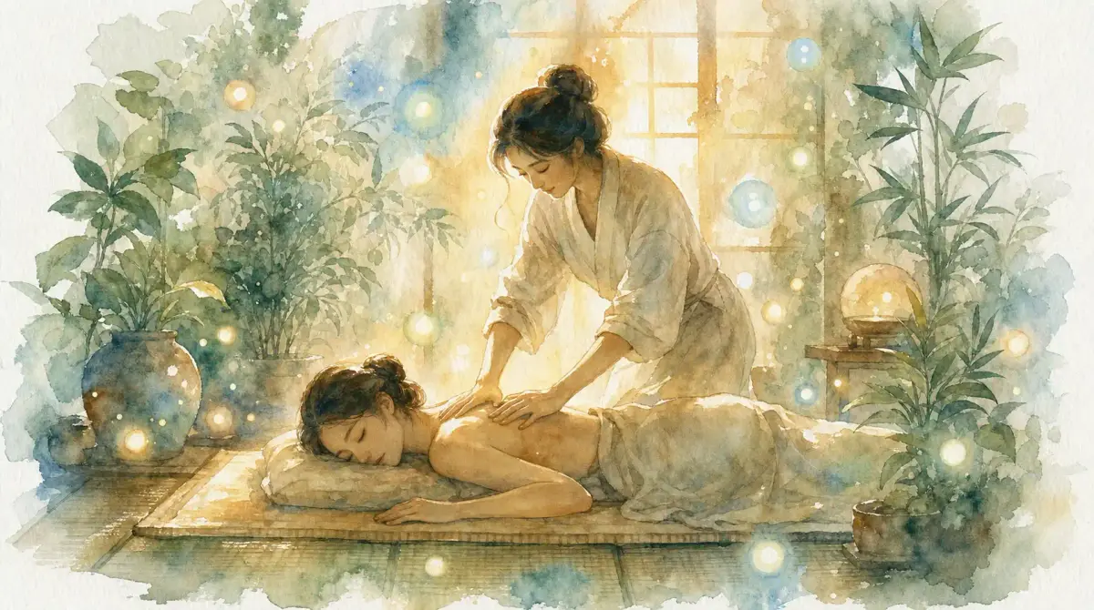 Qu’est-ce que le shiatsu : aquarelle d’une praticienne qui pose les mains sur le dos d’une femme allongée sur un futon, entourée de plantes