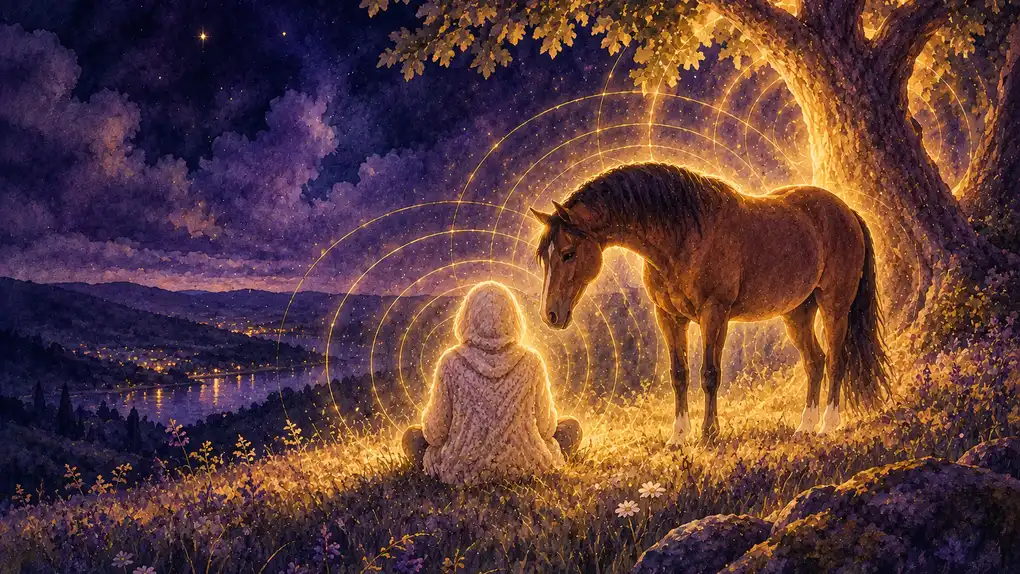 Soin énergétique c’est quoi : aquarelle d’une personne de dos, assise dans l’herbe la nuit face à un cheval, sous un vieux chêne, entourés d’ondes de lumière dorée
