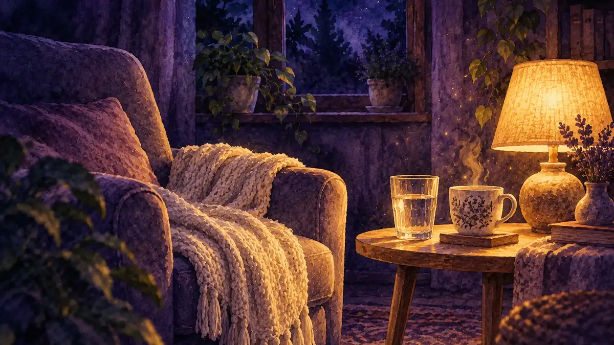 Soin énergétique effets secondaires : aquarelle d’un verre d’eau et d’une tasse d’infusion près d’un fauteuil et d’un plaid, à la lumière d’une lampe, un soir