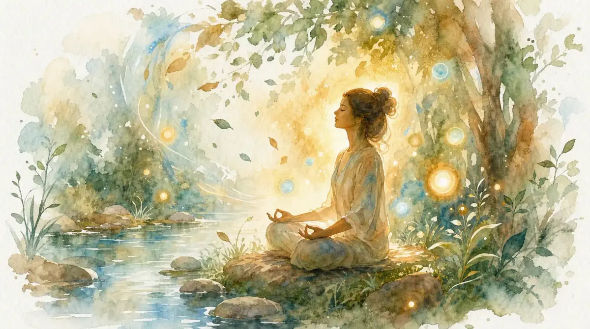 Stress et émotions : aquarelle d’une femme qui médite au bord d’une rivière, sous un arbre baigné de lumière