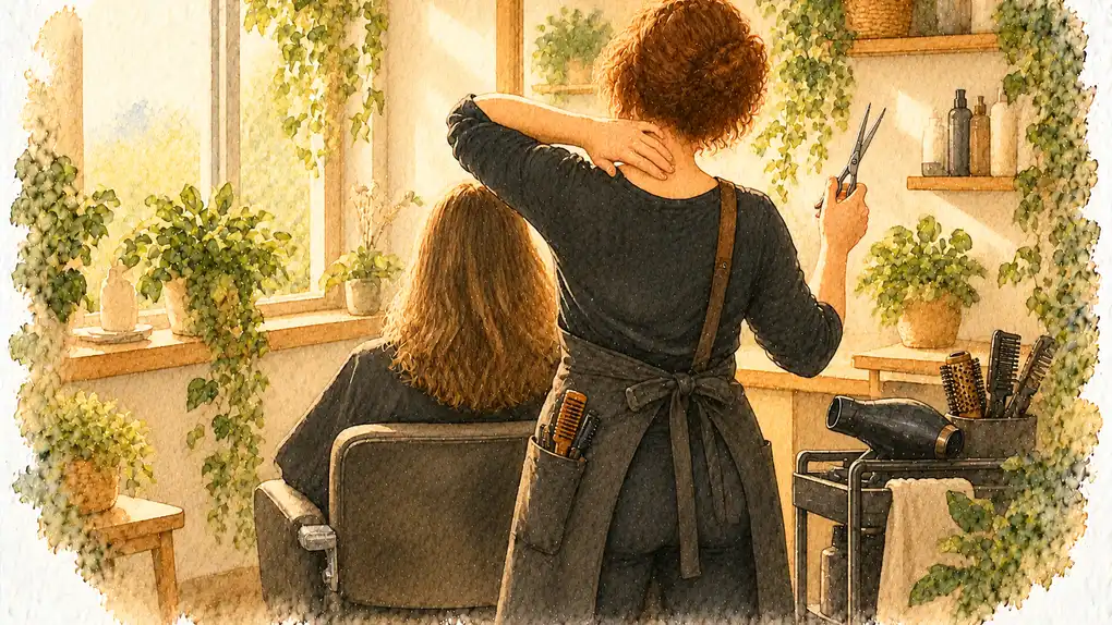 Troubles musculo-squelettiques coiffure : aquarelle d’une coiffeuse vue de dos, les ciseaux levés dans une main, l’autre main sur la nuque, derrière une cliente assise