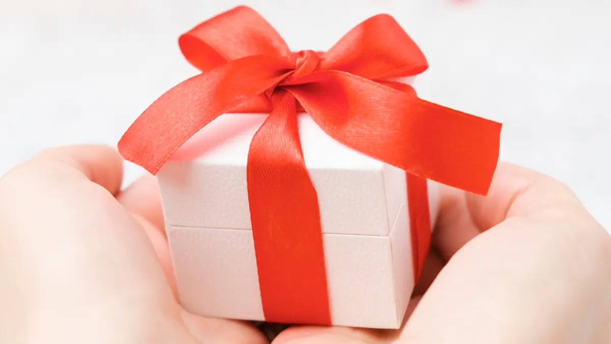 Communication animale : des mains tiennent un petit paquet cadeau blanc noué d’un ruban rouge