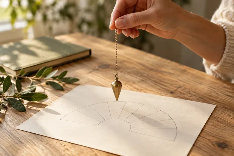Formations en ligne : une main tient un pendule doré au-dessus d’un cadran de radiesthésie