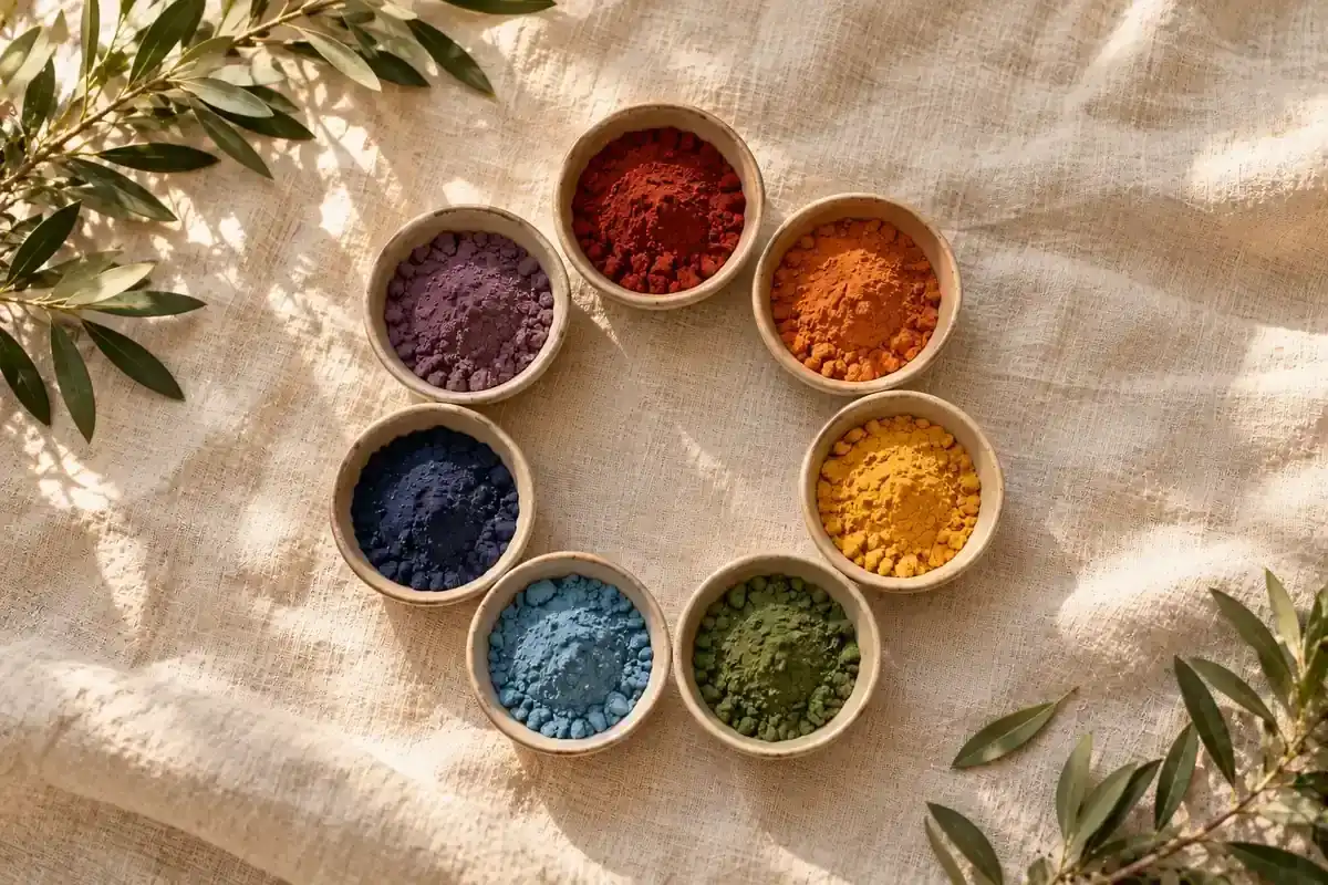 Formations en ligne : sept coupelles de pigments aux couleurs des chakras, disposées en cercle sur une nappe en lin