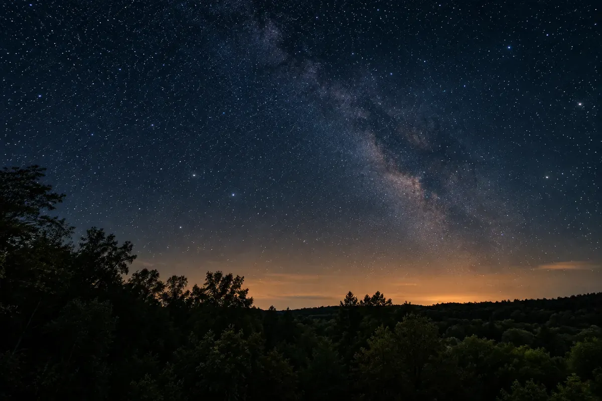 Méditation de groupe en ligne : la Voie lactée au-dessus d’une forêt, de nuit