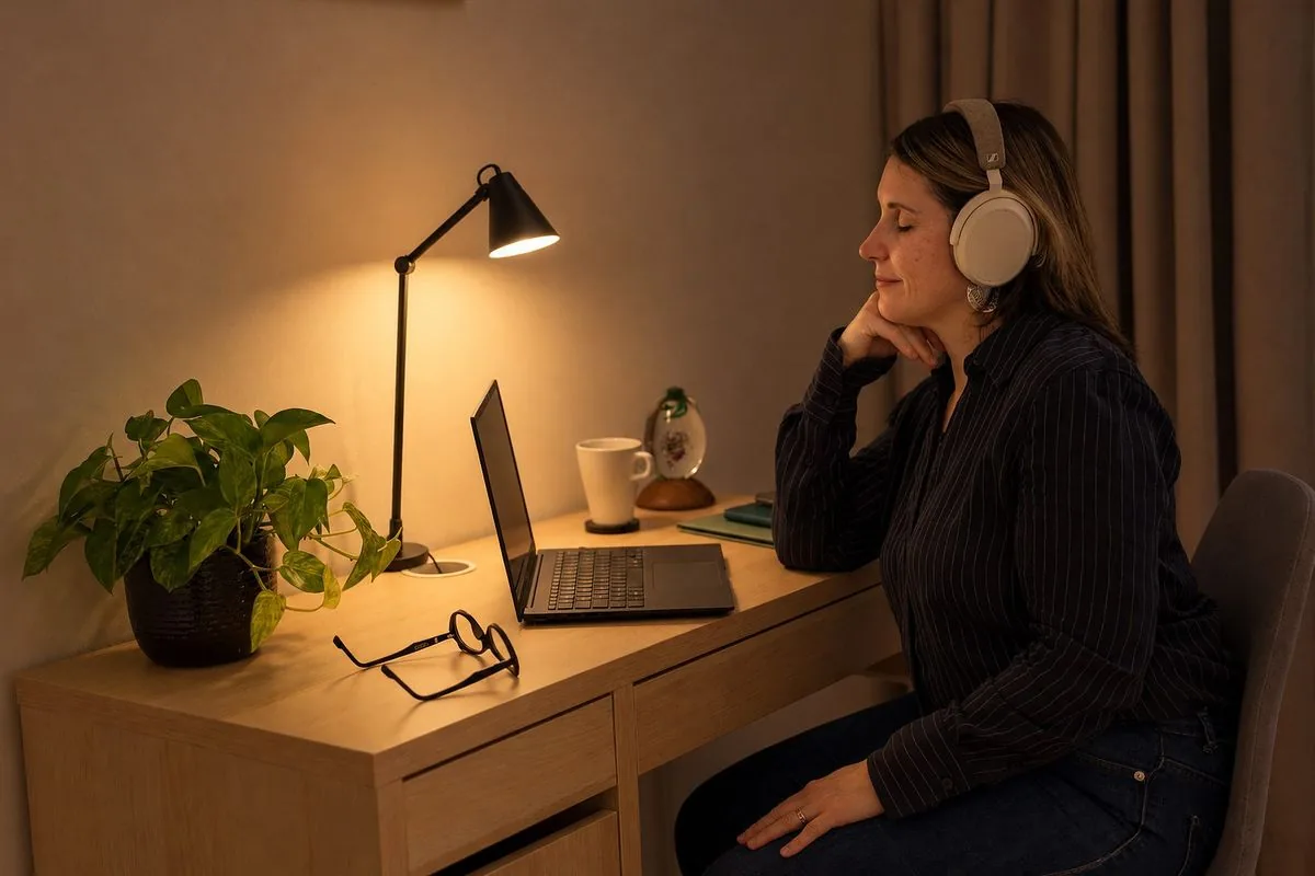Méditation de groupe en ligne : Sophie médite les yeux fermés, un casque sur les oreilles, le soir à la lumière d’une lampe