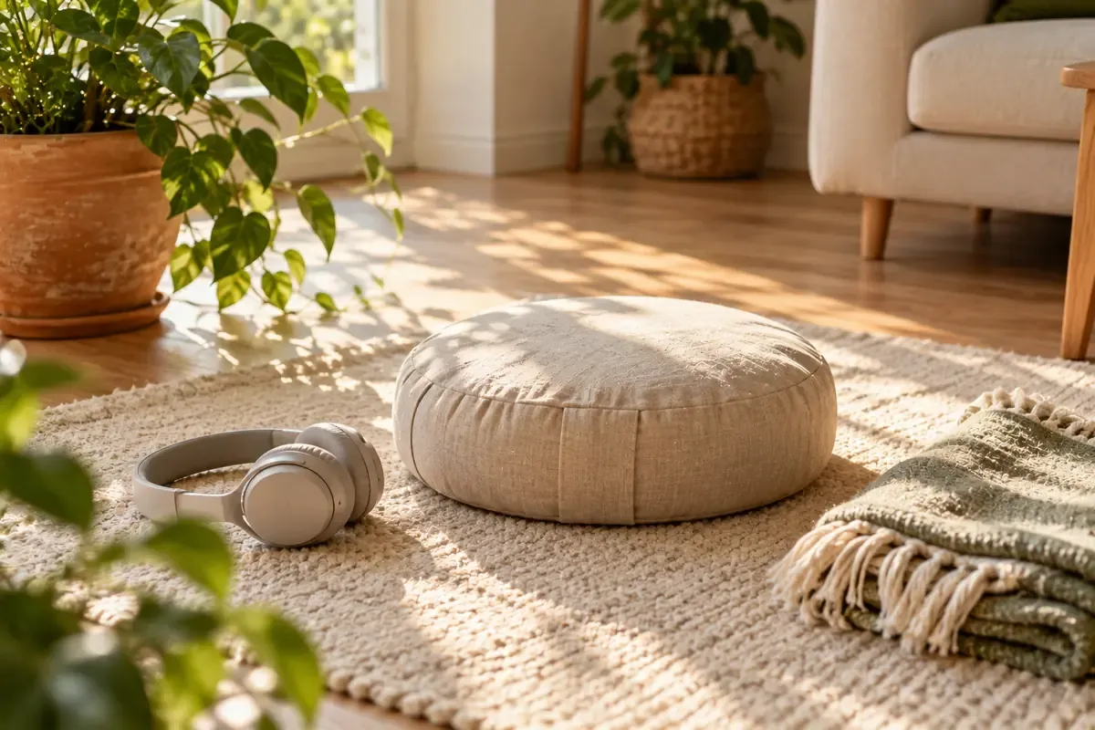 Méditation des chakras : un coussin de méditation et un casque audio posés sur un tapis, au soleil