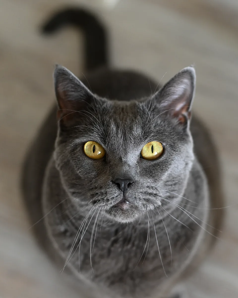 Iro, le chat de Sophie Bordes-Meunier, assis sur le parquet, la tête levée vers l’objectif