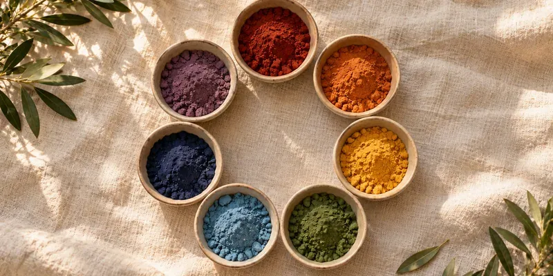 Tarif communication animale : sept coupelles de pigments aux couleurs des chakras, disposées en cercle sur une nappe en lin
